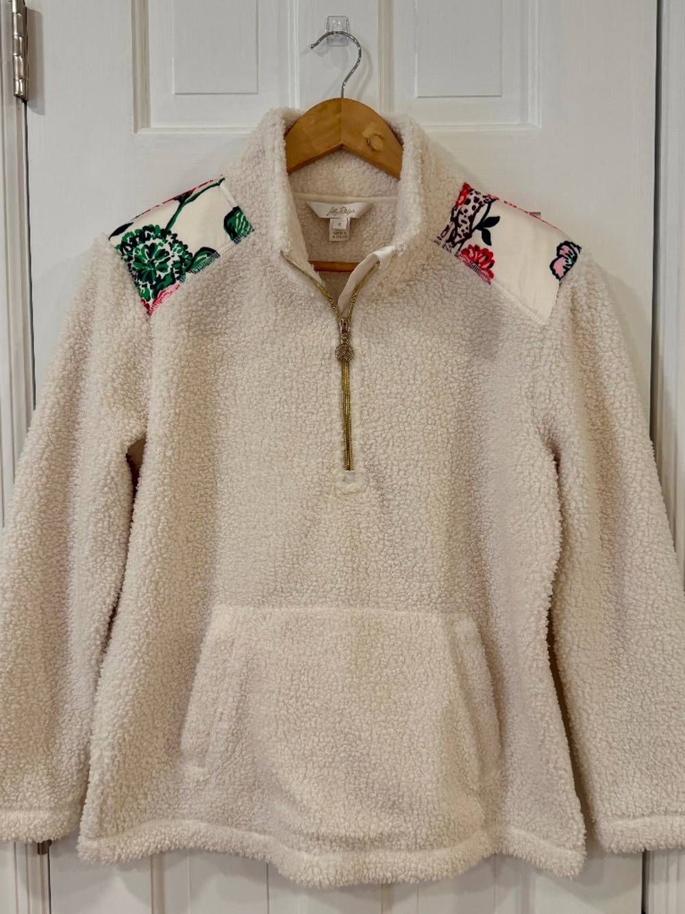 Lilly Pulitzer Wallen Sherpa 1/2 Zip Jacket Pullover Coconut Floral Size Small